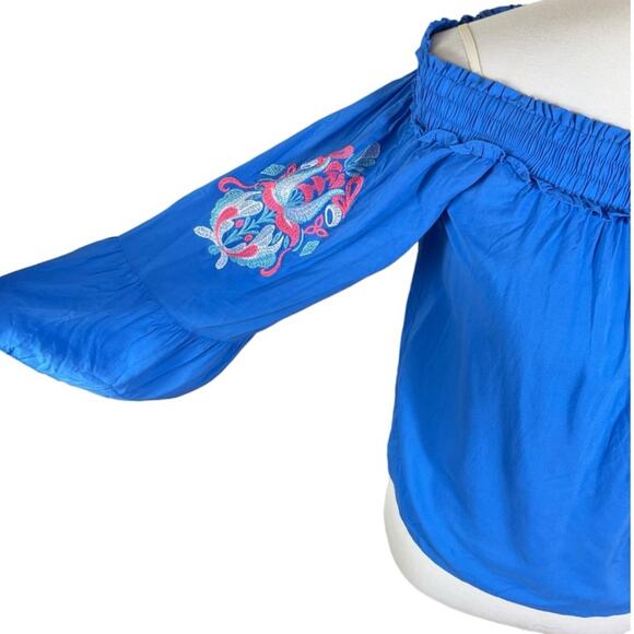 Lilly Pulitzer Moira Off The Shoulder Blue Rayon Embroidered Top Size A - Picture 5 of 9